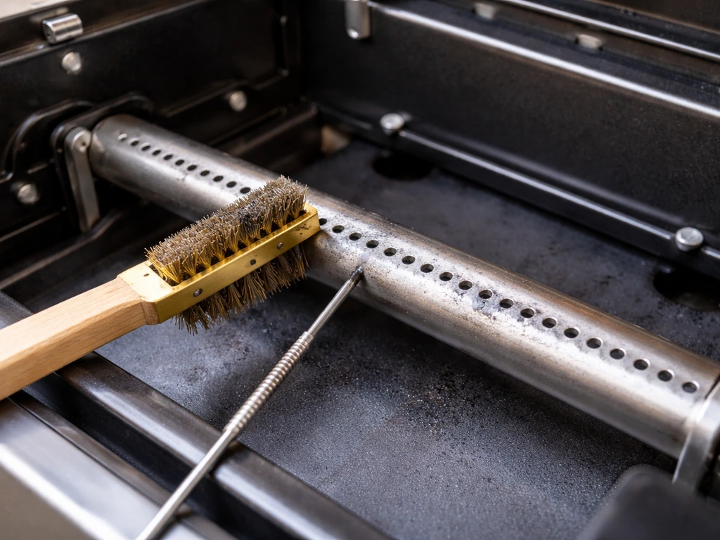 Close-up of a grill burner assembly with exposed ports being cleaned using a small brush