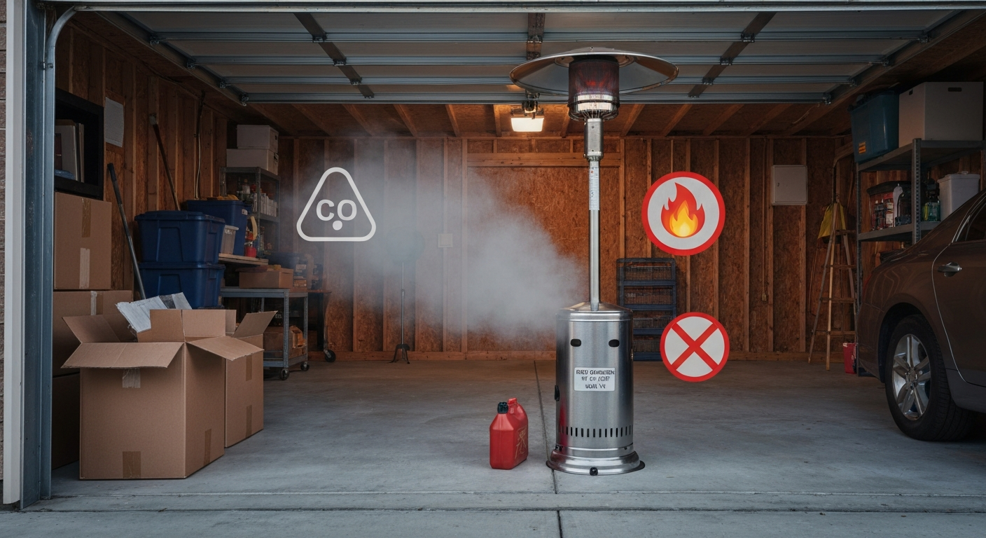 Two-car garage with a propane patio heater, visible 'FOR OUTDOOR USE ONLY' label, stored flammables, and graphic indicators showing carbon monoxide and fire hazards.