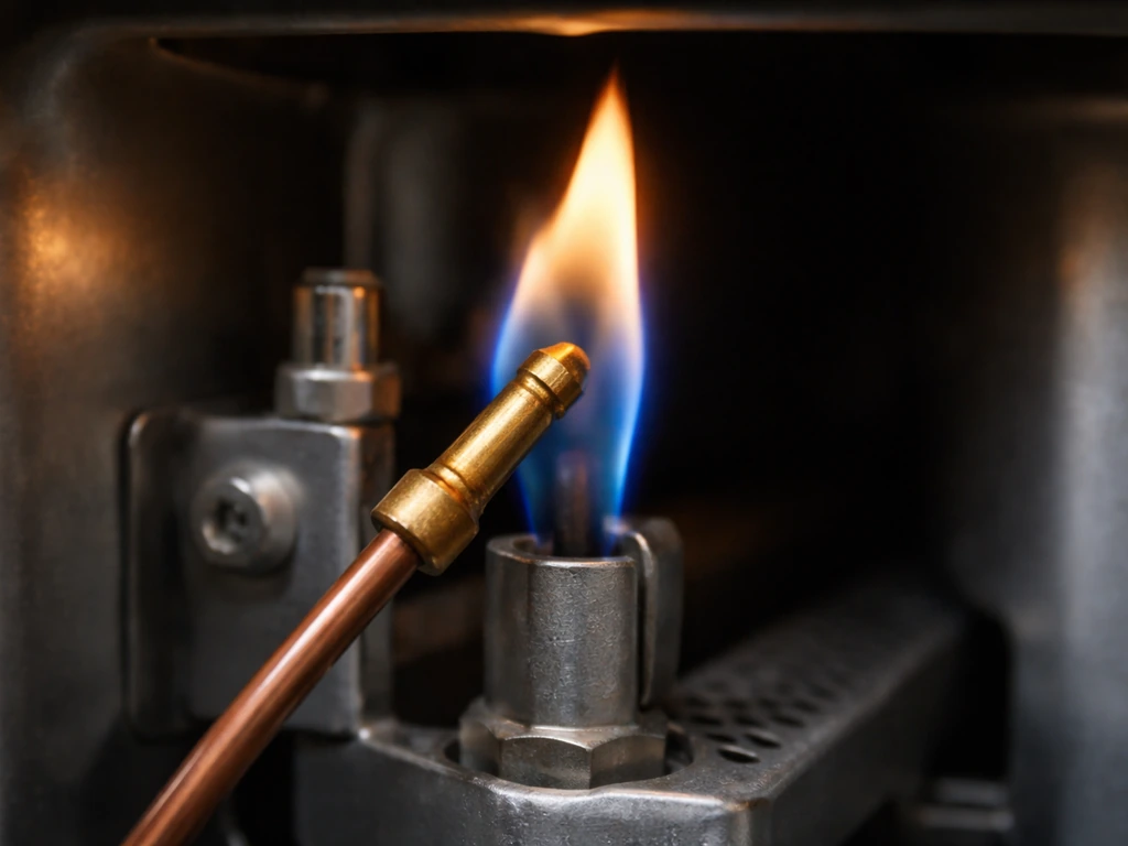 Copper thermocouple tip held in the pilot flame of a gas heater control area