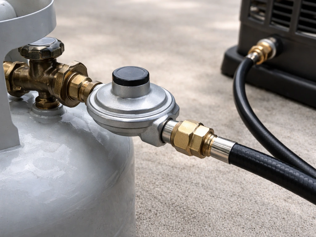 Close-up of a propane regulator and gas valve connecting a tank to a heater line outdoors.