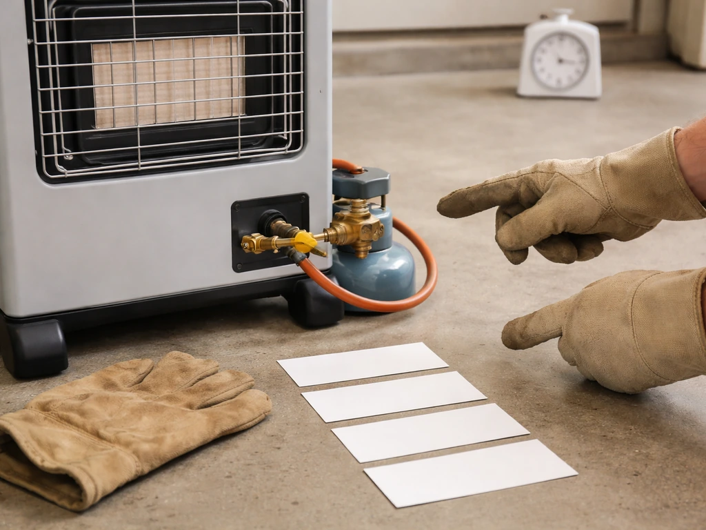 Gloved hands show a turned-off, cool gas heater with the tank valve closed and blank checklist papers nearby.