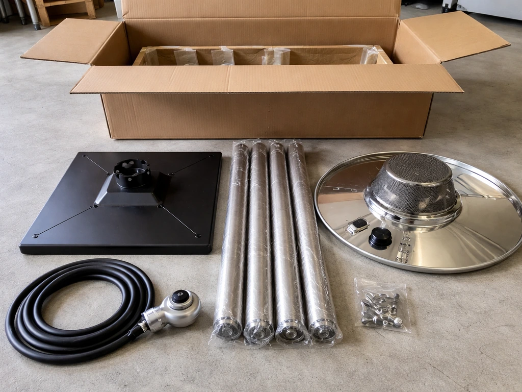Open patio heater box with laid-out parts: base, pole sections, head assembly, hose, regulator, hardware.