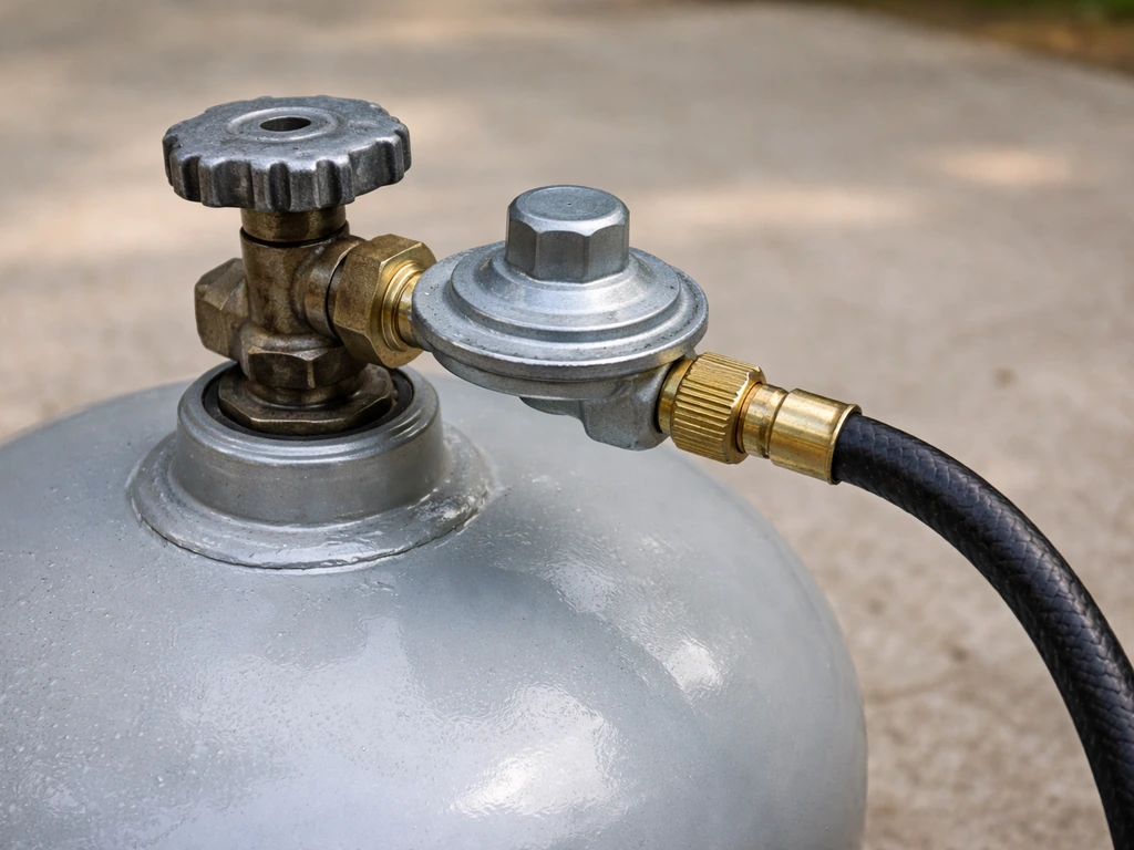 Close-up of propane cylinder valve with regulator and hose properly connected and routed for inspection