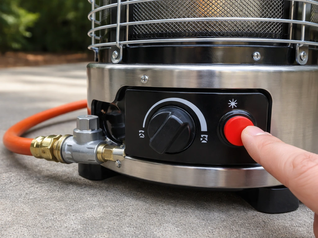 Close-up of a propane heater control knob at ignition position, piezo igniter ready, no flame.