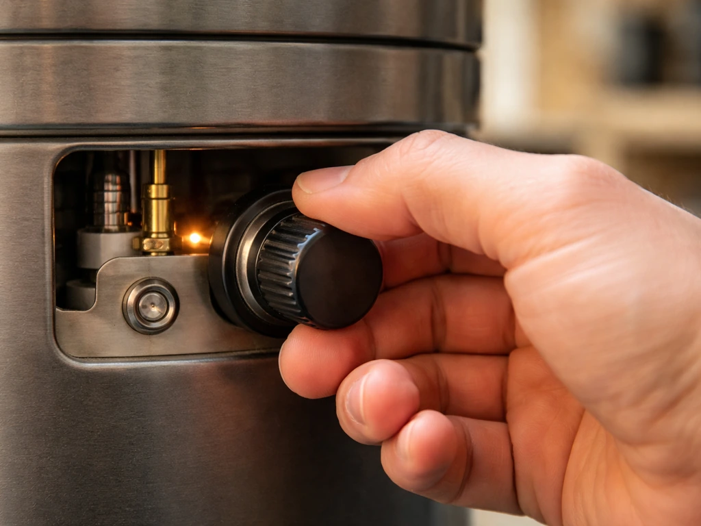 Hand holding a heater control knob down near the thermocouple to keep the pilot lit.