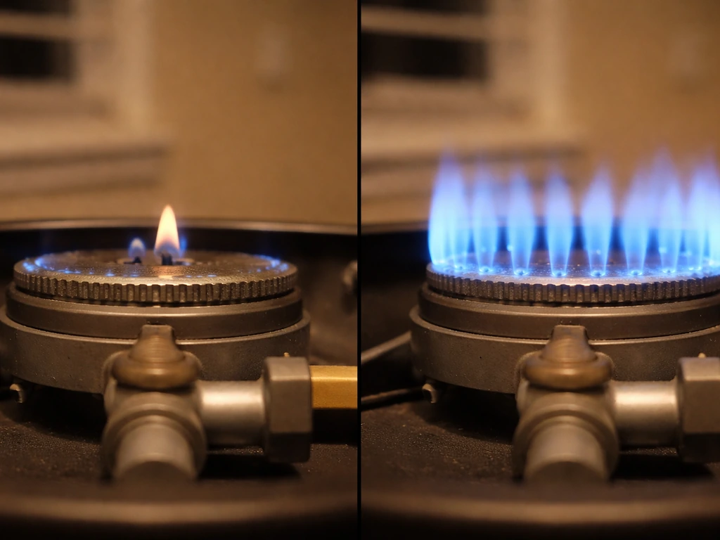 Close-up of a propane heater burner showing a weak tiny flame next to a normal steady blue flame.