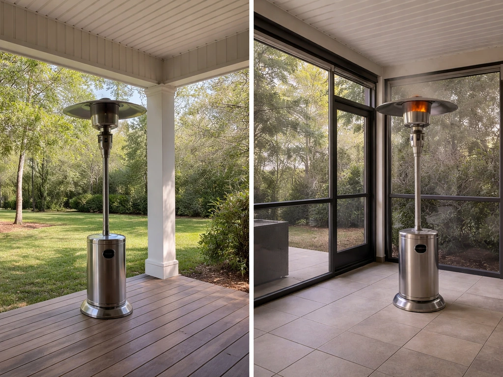 Split view: propane patio heater on an open covered porch vs heater in a fully enclosed screened patio.