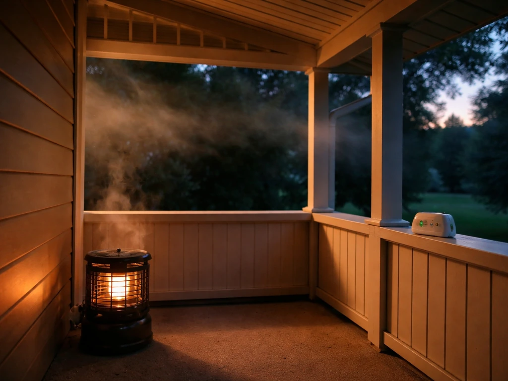 Covered porch with an HVAC/heater unit and open airflow gaps under the roof, showing ventilation risk context.