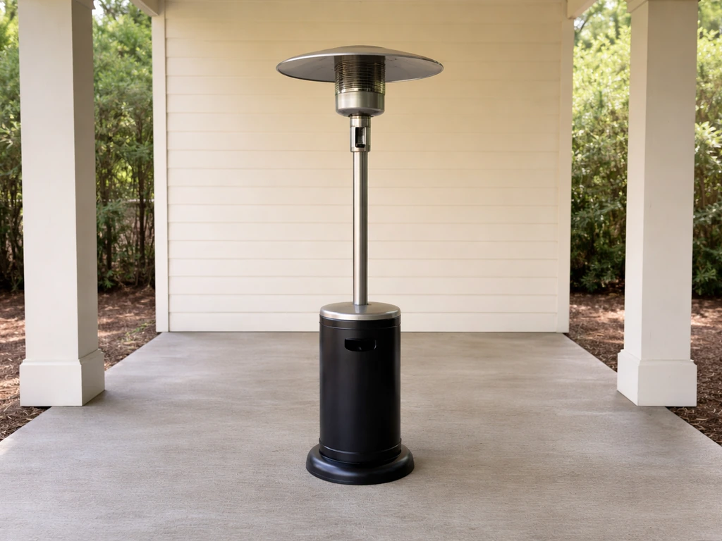 Off freestanding patio heater centered on a porch with clear side space and no flame visible.